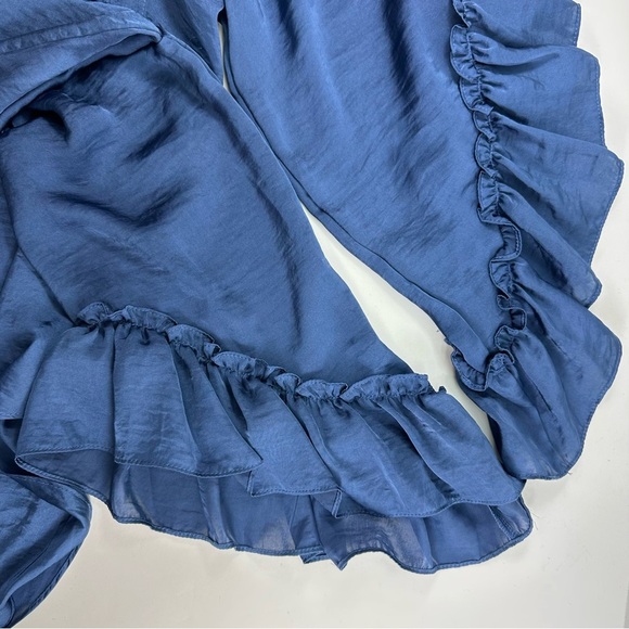 MISA Silky Romantic Button Blouse Womens Medium 3/4 Sleeves Ruffle Blue Satin - Picture 7 of 9